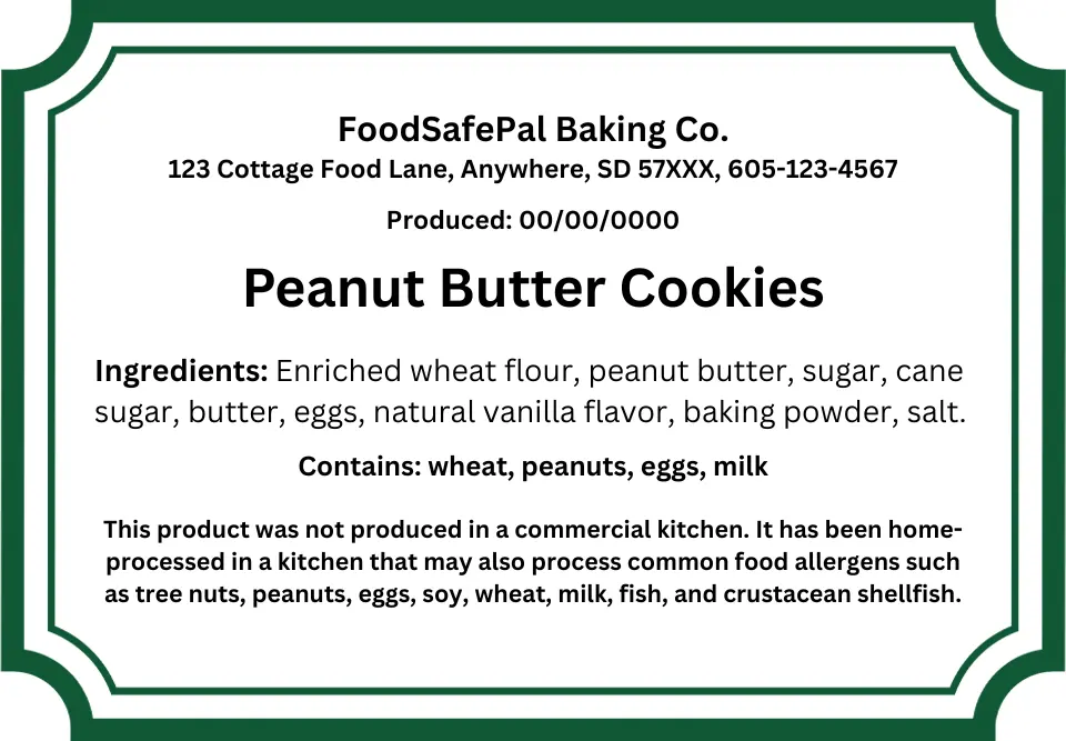 South Dakota cottage food sample label