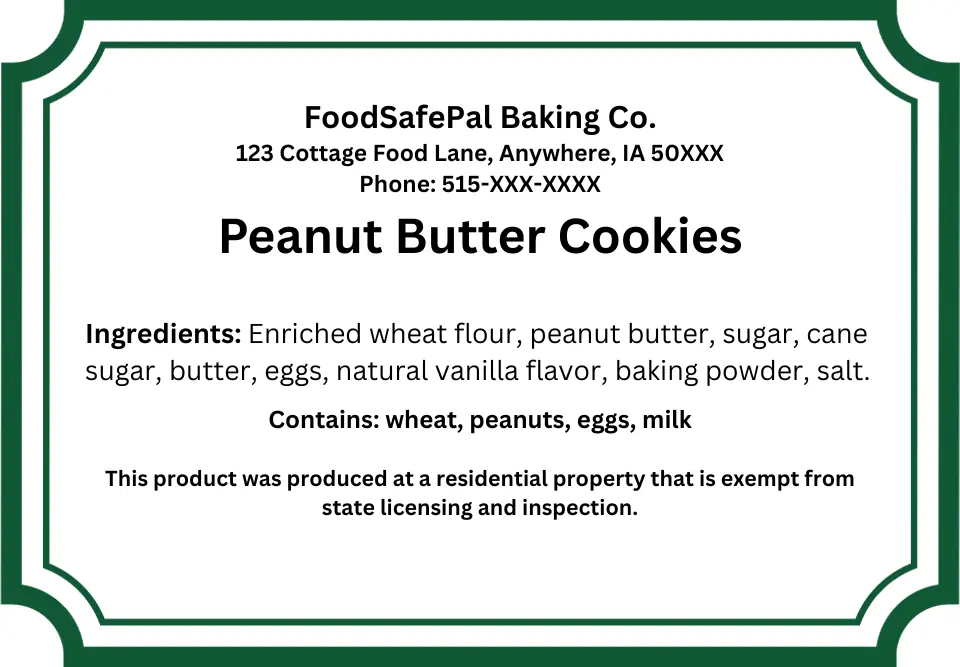 Iowa cottage food sample label