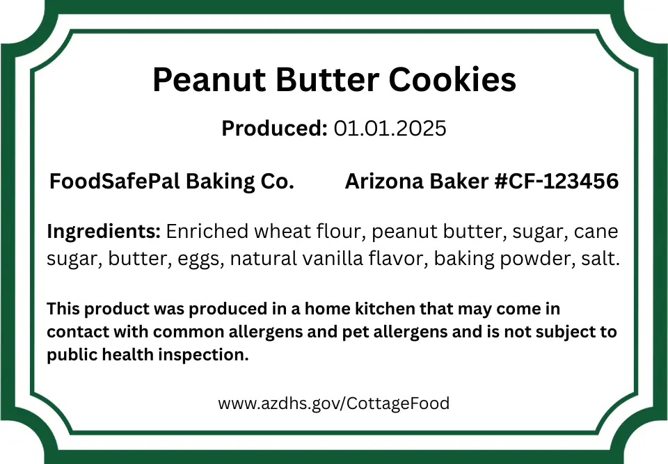 Arizona cottage food law product label