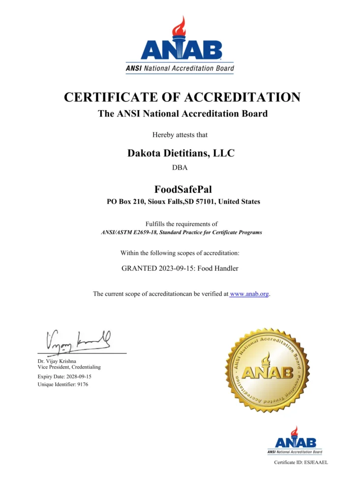 ANAB accreditation certificate for FoodSafePal's food handler training program