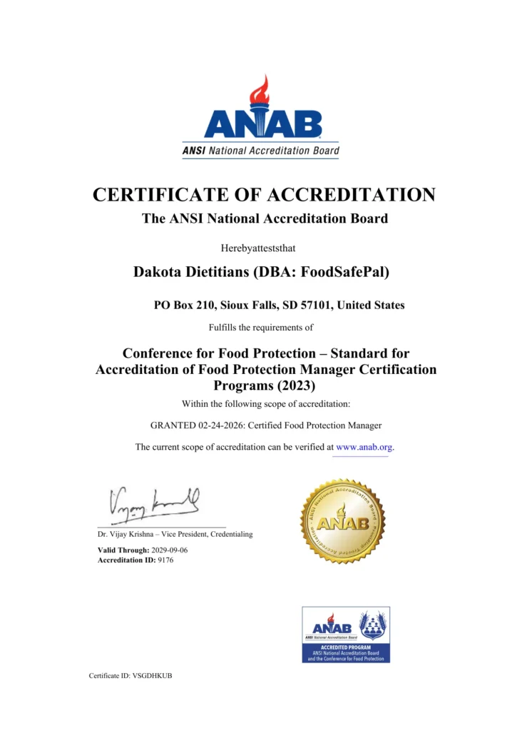 ANAB accreditation certificate for FoodSafePal's Certified Food Protection Manager (CFPM) exam