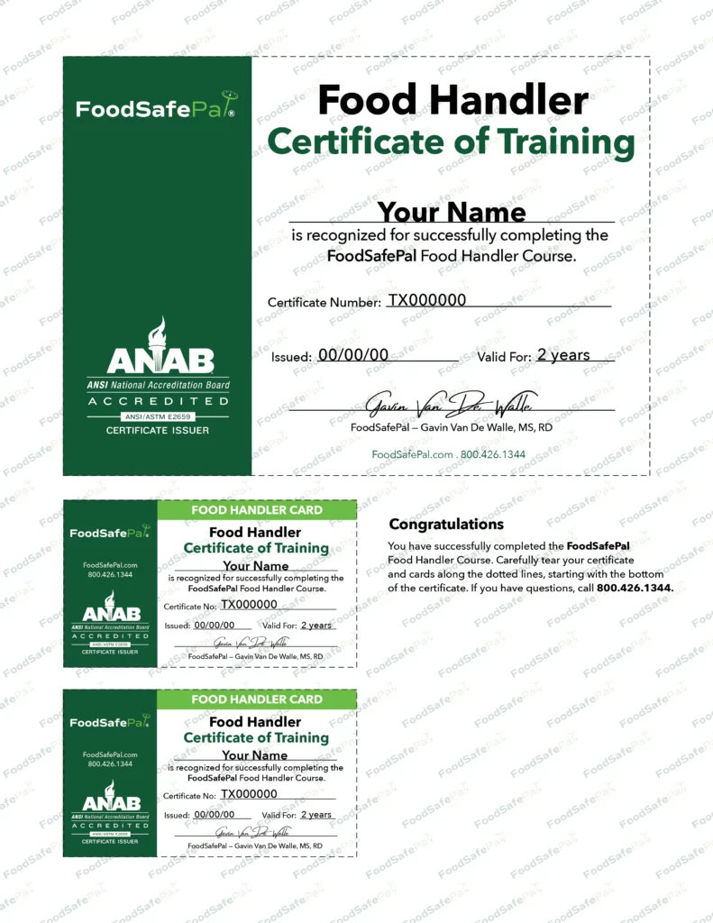 Texas food handlers card and certificate mailed copy example