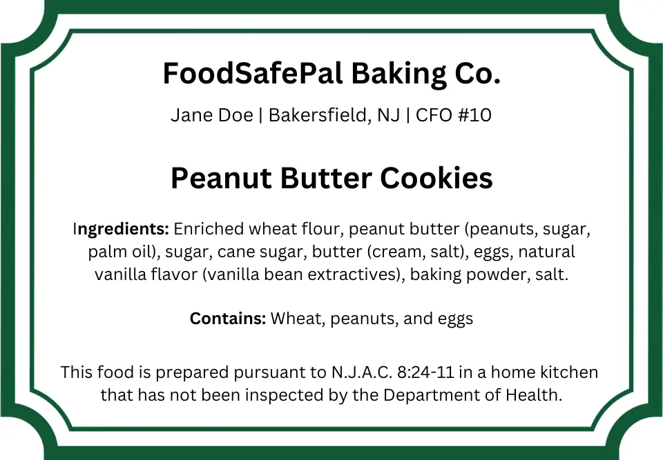 New Jersey cottage food example label