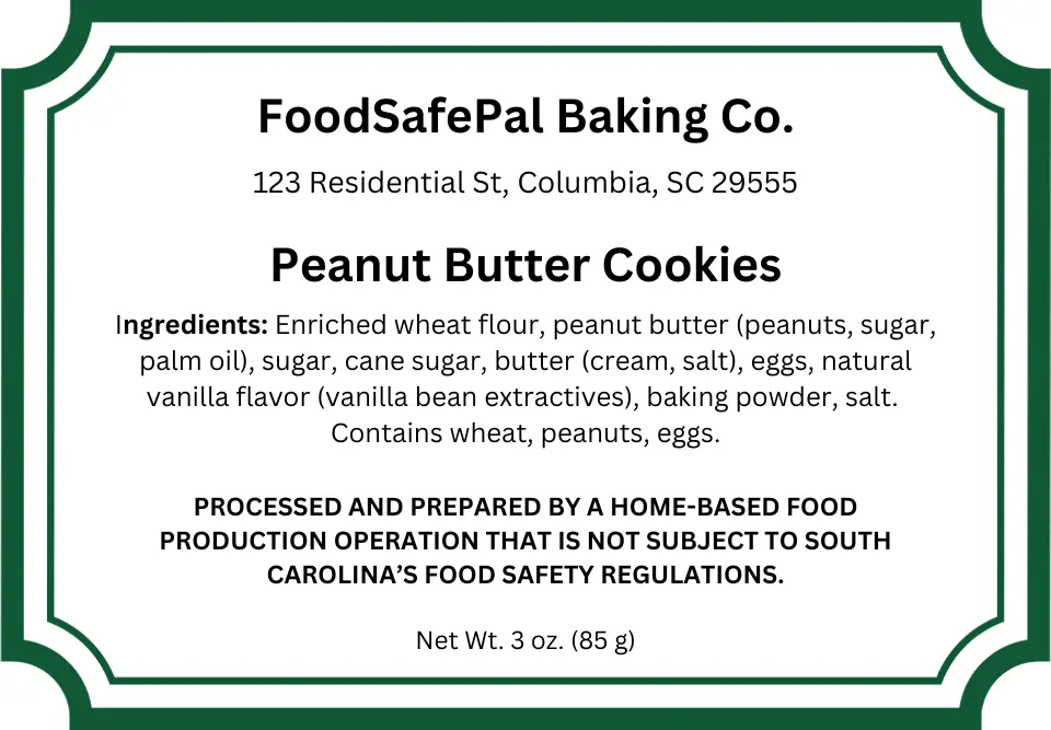 South Carolina cottage food sample label