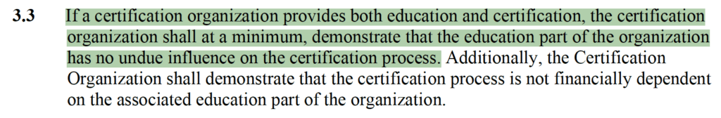 Screenshot of the regulation that food manager exams cannot be based on the company's food manager course