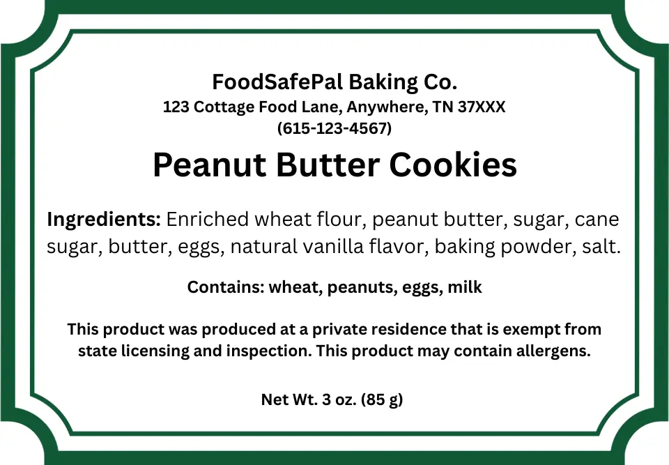Tennessee cottage food law sample label