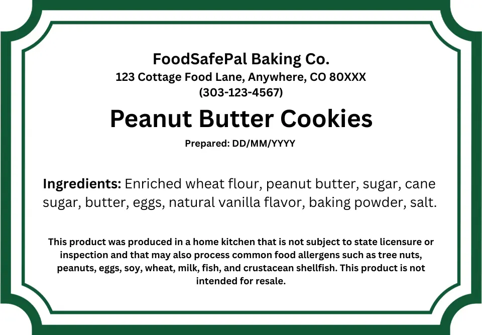 Colorado cottage food sample label