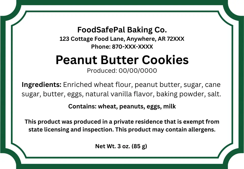 Arkansas cottage food law sample label