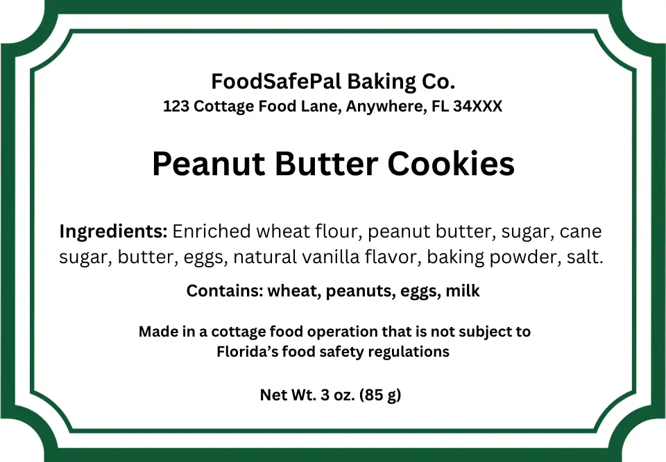 Florida cottage food sample label