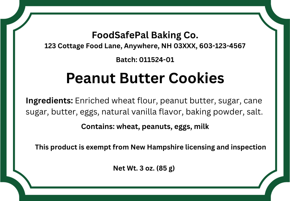New Hampshire cottage food sample label