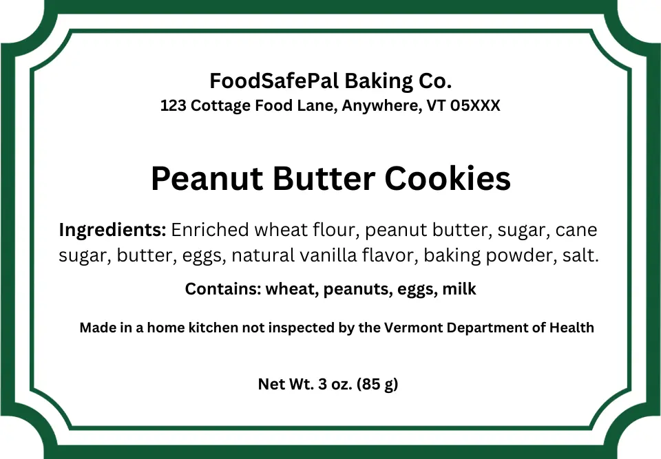 Vermont cottage food law sample label