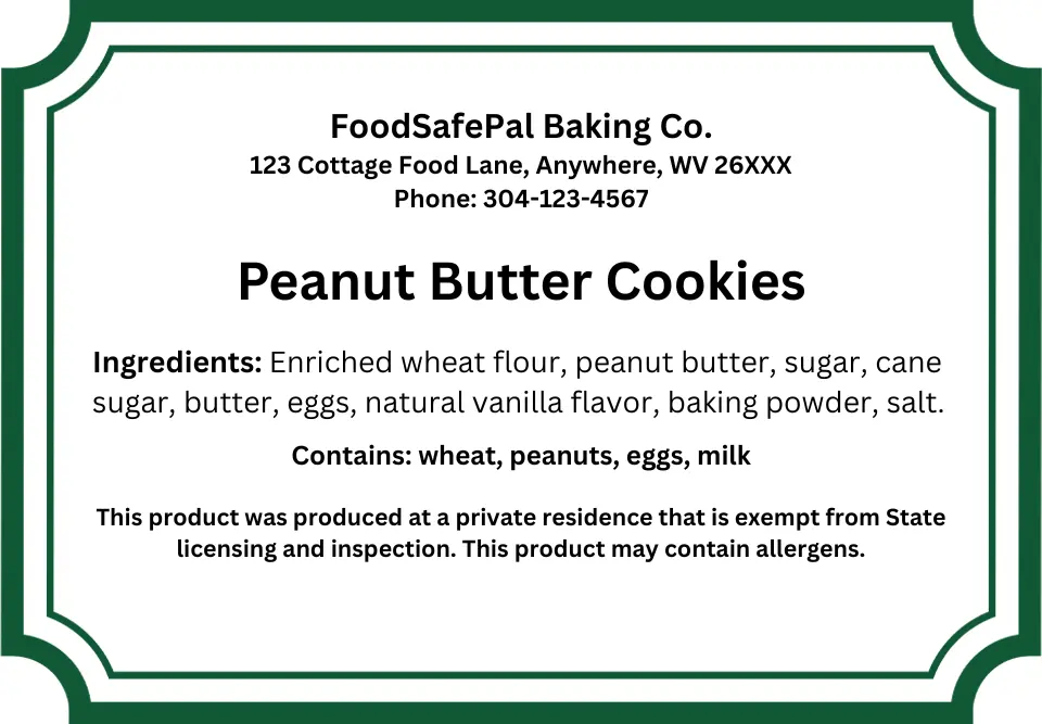 West Virginia cottage food label sample