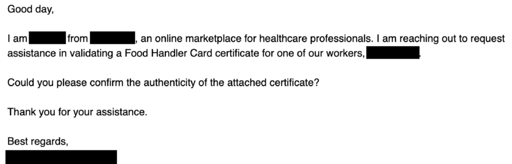 FoodSafePal food handler card employer verification email 1