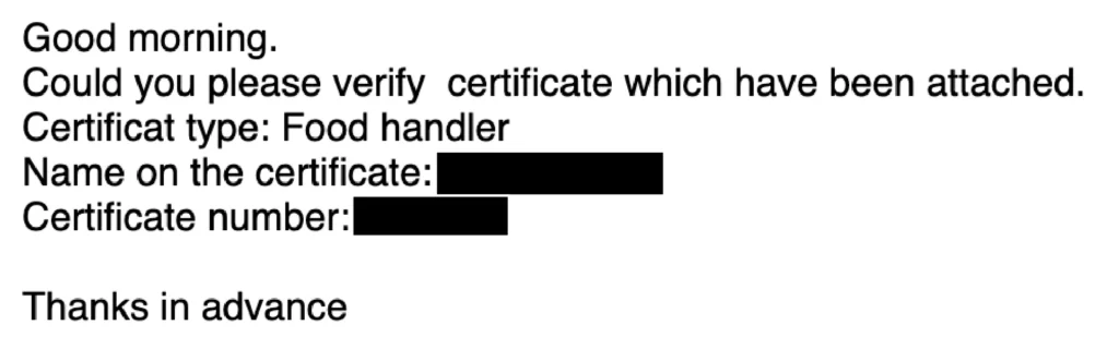 FoodSafePal food handler card employer verification email 2