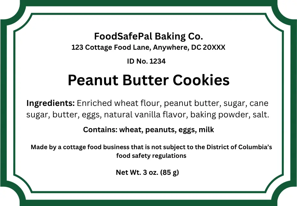 Washington DC cottage food sample label